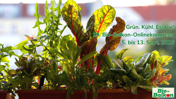 Üppig bepflanzter Balkon mit Gemüse und Kräutern zum 19. Bio-Balkon-Onlinekongress „Grün. Kühl. Essbar!“ vom 5. bis 13. September 2026.