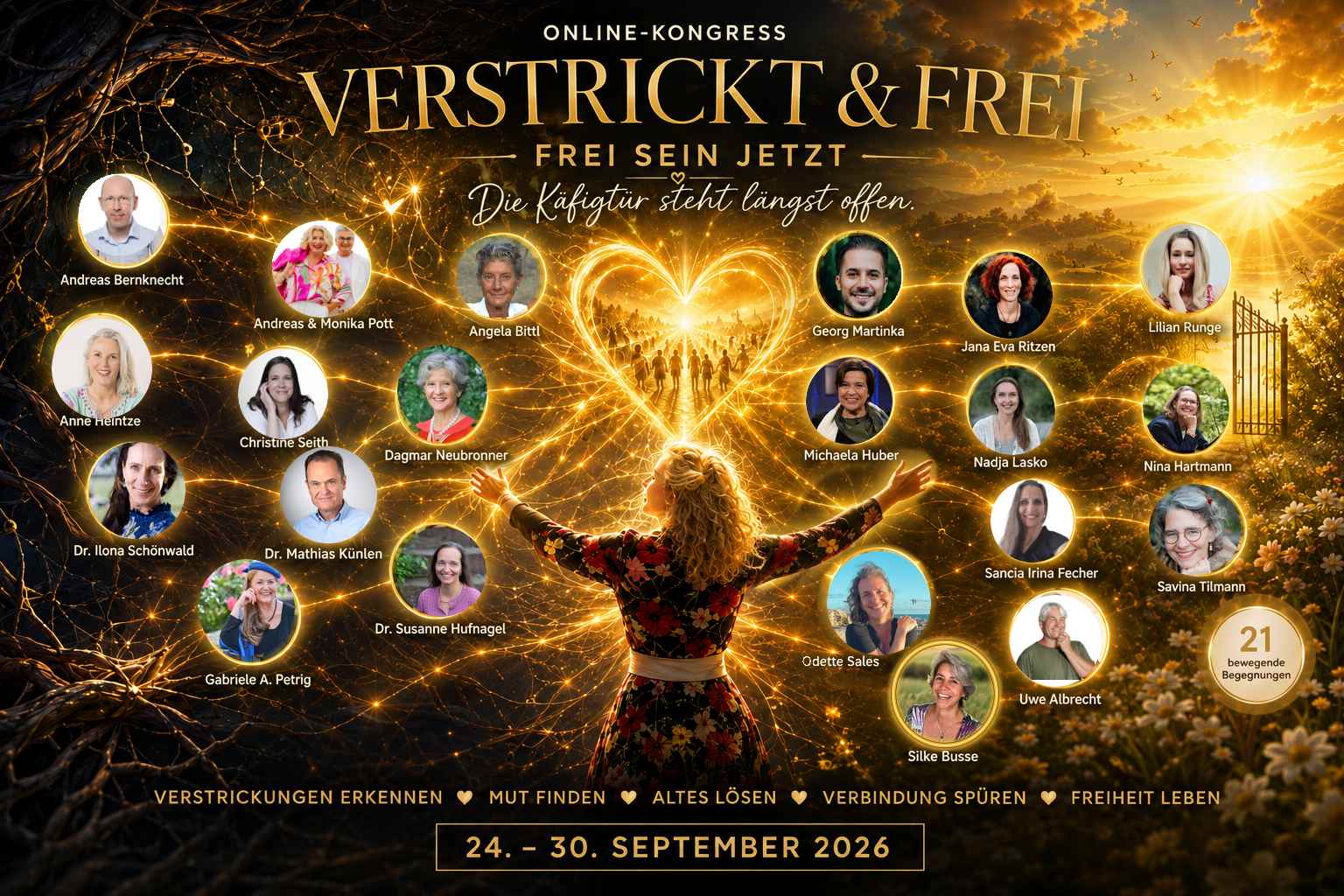 Verstrickt & frei – Frei Sein Jetzt Online-Kongress 2026 vom 24. bis 30. September mit 21 bewegenden Begegnungen